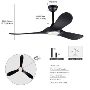 English Elm Hot 52 Inch Black Ceiling Fan Solid Wood Blades Dimmable LED Remote Bedroom Patio W2991P521208