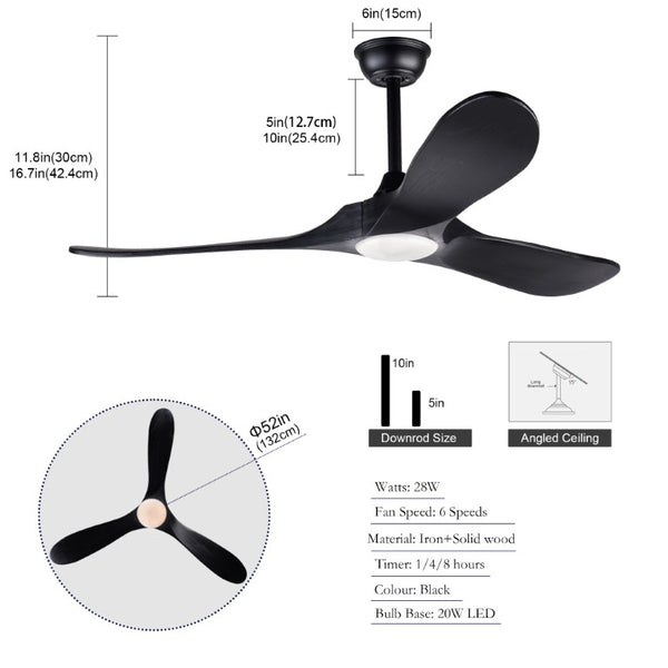 English Elm Hot 52 Inch Black Ceiling Fan Solid Wood Blades Dimmable LED Remote Bedroom Patio W2991P521208