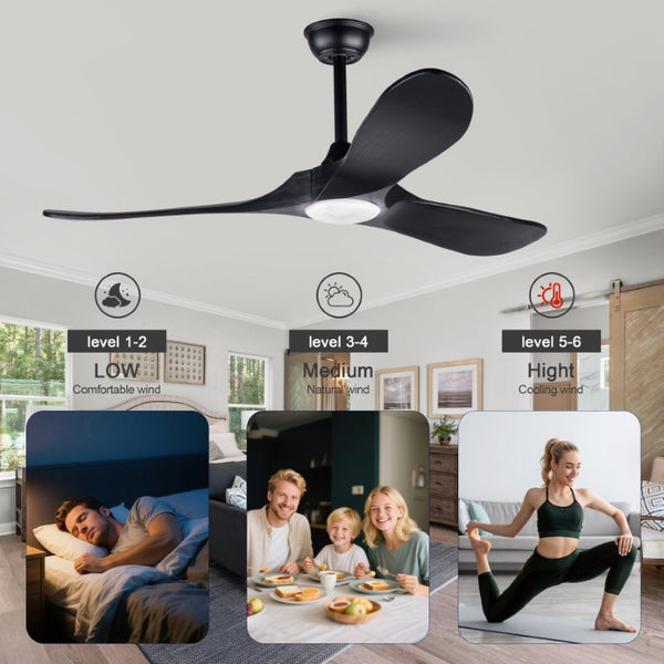 English Elm Hot 52 Inch Black Ceiling Fan Solid Wood Blades Dimmable LED Remote Bedroom Patio W2991P521208
