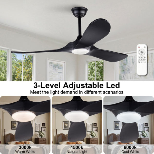 English Elm Hot 52 Inch Black Ceiling Fan Solid Wood Blades Dimmable LED Remote Bedroom Patio W2991P521208