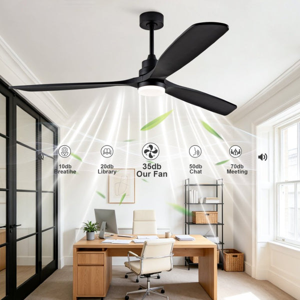 English Elm 70-Inch Matte Black Solid Wood Blade Ceiling Fan with Dimmable LED and Quiet DC Motor W2991P521210