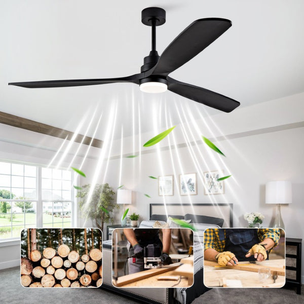 English Elm 70-Inch Matte Black Solid Wood Blade Ceiling Fan with Dimmable LED and Quiet DC Motor W2991P521210