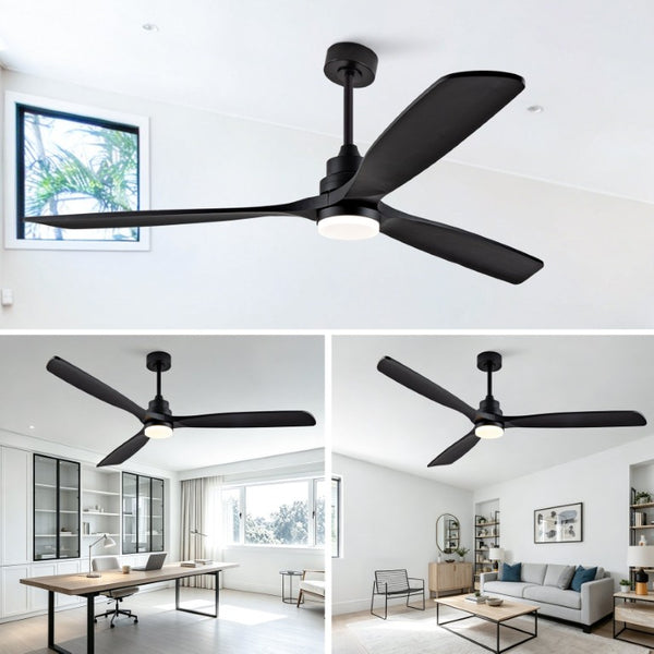 English Elm 70-Inch Matte Black Solid Wood Blade Ceiling Fan with Dimmable LED and Quiet DC Motor W2991P521210