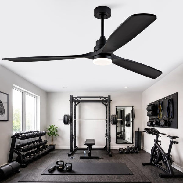 English Elm 70-Inch Matte Black Solid Wood Blade Ceiling Fan with Dimmable LED and Quiet DC Motor W2991P521210