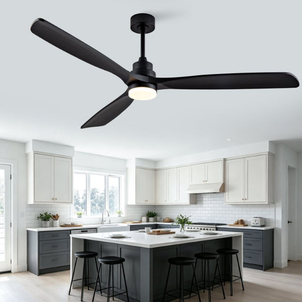 English Elm 70-Inch Matte Black Solid Wood Blade Ceiling Fan with Dimmable LED and Quiet DC Motor W2991P521210
