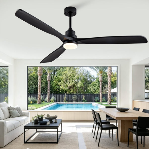 English Elm 70-Inch Matte Black Solid Wood Blade Ceiling Fan with Dimmable LED and Quiet DC Motor W2991P521210