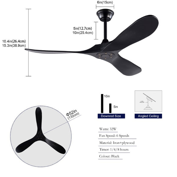 English Elm Hot 52 Inch Black Ceiling Fan with Solid Wood Blades Remote and Six Speed Control W2991P521212