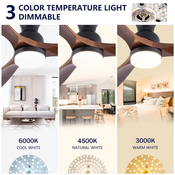 English Elm Hot 52 Inch Black Ceiling Fan Solid Sycamore Blades Dimmable LED Remote DC Motor W2991P521220