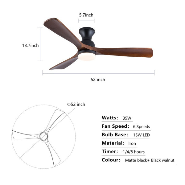 English Elm Hot 52 Inch Black Ceiling Fan Solid Sycamore Blades Dimmable LED Remote DC Motor W2991P521220