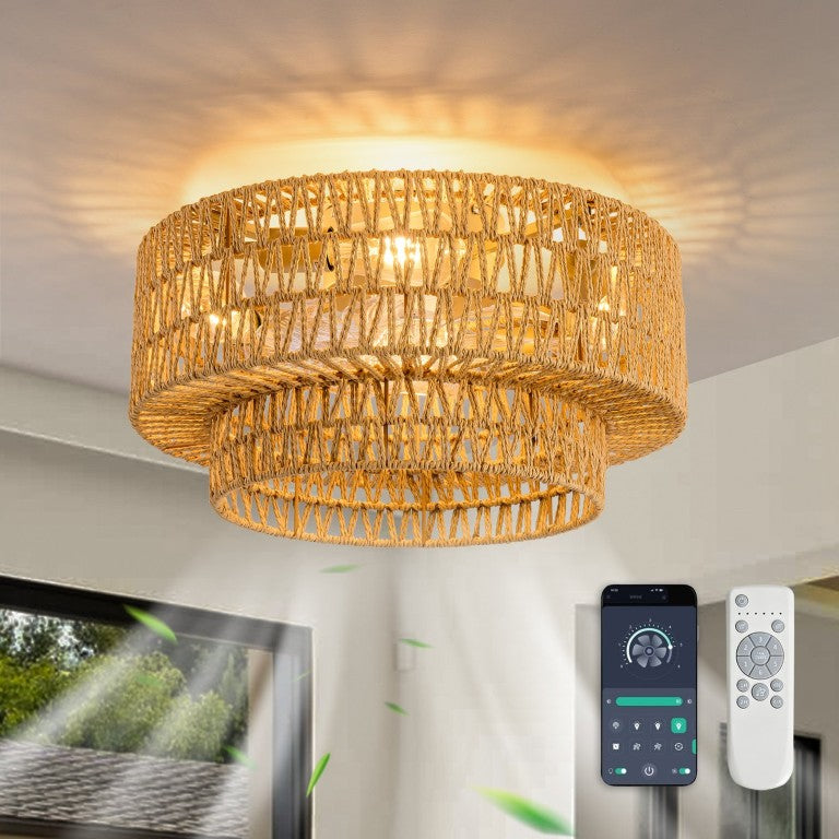 English Elm 19-Inch Woven Paper-Cord Cage Ceiling Fan with App Control and Six Speed Settings W2991P521747