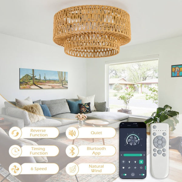 English Elm 19-Inch Woven Paper-Cord Cage Ceiling Fan with App Control and Six Speed Settings W2991P521747