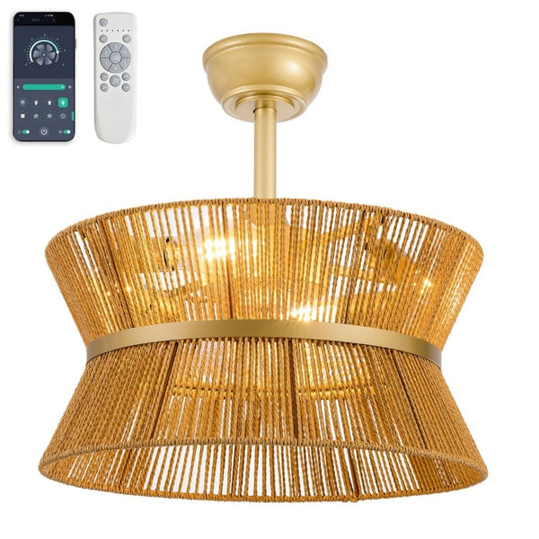 English Elm 19-Inch Hand-Woven Paper-Cord Bohemian Ceiling Fan with App Control and Gold Accent Band W2991P521751