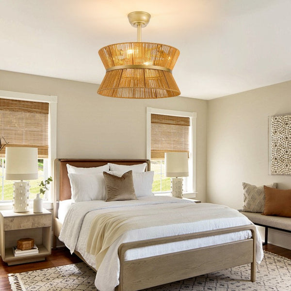 English Elm 19-Inch Hand-Woven Paper-Cord Bohemian Ceiling Fan with App Control and Gold Accent Band W2991P521751