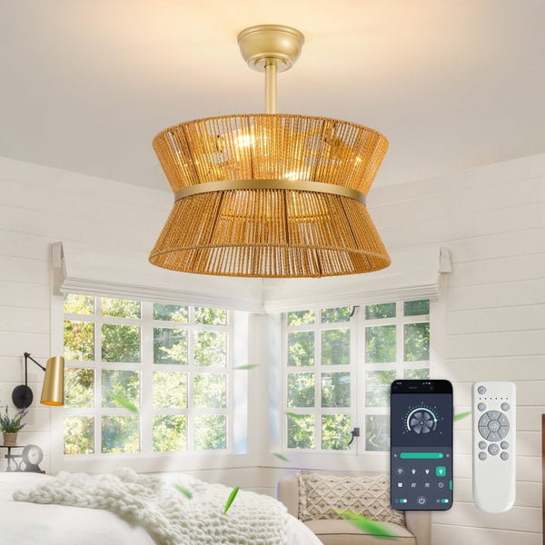 English Elm 19-Inch Hand-Woven Paper-Cord Bohemian Ceiling Fan with App Control and Gold Accent Band W2991P521751