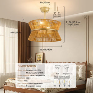 English Elm 19-Inch Hand-Woven Paper-Cord Bohemian Ceiling Fan with App Control and Gold Accent Band W2991P521751