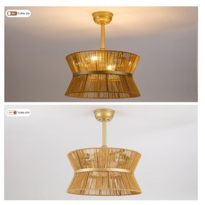 English Elm 19-Inch Hand-Woven Paper-Cord Bohemian Ceiling Fan with App Control and Gold Accent Band W2991P521751