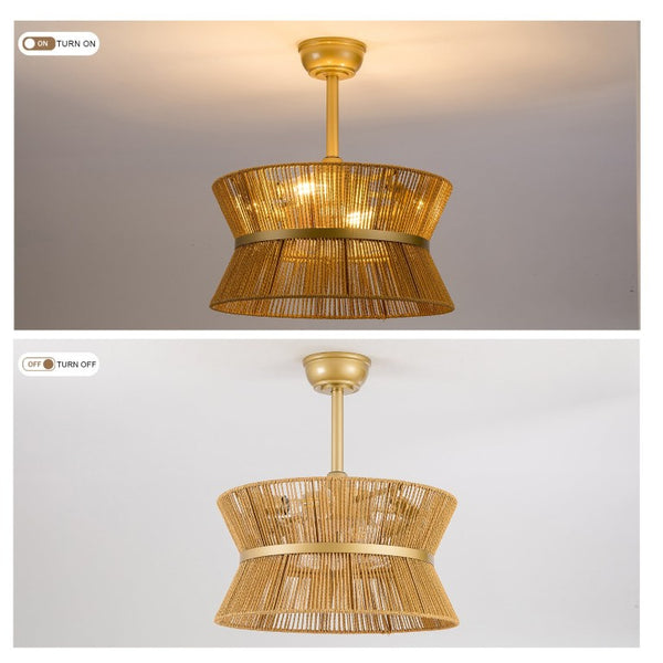 English Elm 19-Inch Hand-Woven Paper-Cord Bohemian Ceiling Fan with App Control and Gold Accent Band W2991P521751