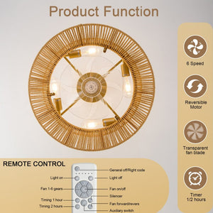 English Elm 19-Inch Hand-Woven Paper-Cord Bohemian Ceiling Fan with App Control and Gold Accent Band W2991P521751
