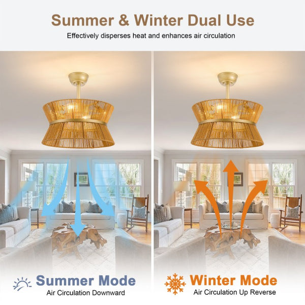 English Elm 19-Inch Hand-Woven Paper-Cord Bohemian Ceiling Fan with App Control and Gold Accent Band W2991P521751