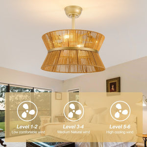 English Elm 19-Inch Hand-Woven Paper-Cord Bohemian Ceiling Fan with App Control and Gold Accent Band W2991P521751