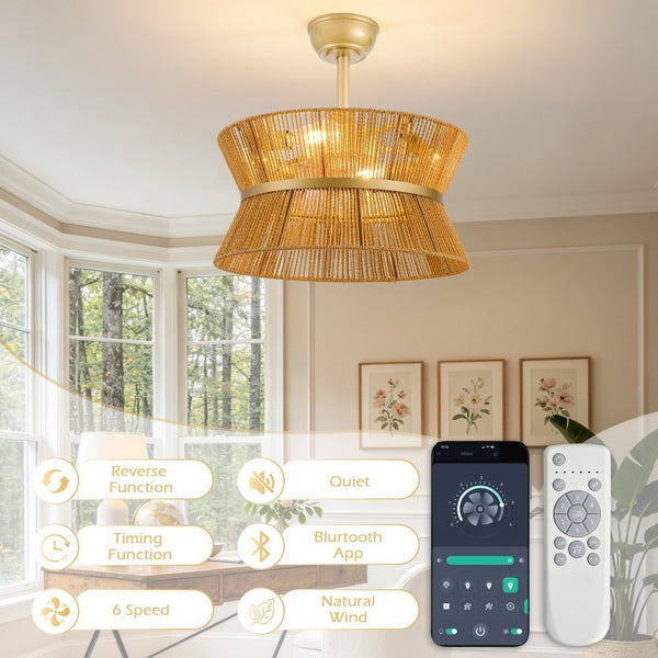 English Elm 19-Inch Hand-Woven Paper-Cord Bohemian Ceiling Fan with App Control and Gold Accent Band W2991P521751