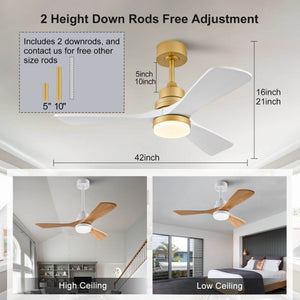 English Elm Hot 42 Inch Sycamore Wood Blade Ceiling Fan with LED Light and Remote Control Gold+White 3 Blades W2991P522816