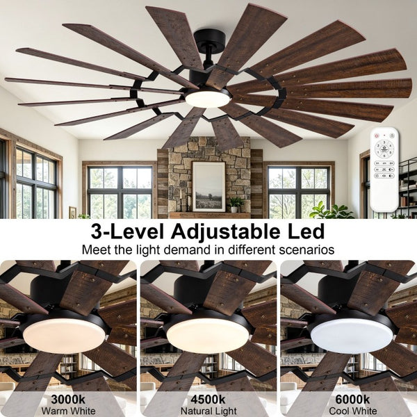English Elm 70-Inch Large Room Ceiling Fan with 16 Plywood Blades DC Motor Dimmable LED Remote W2991P531357