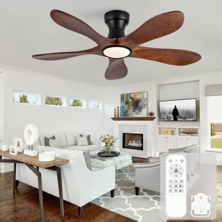 English Elm 42-Inch Flush Mount Ceiling Fan Walnut Wood Blades Matte Black Dimmable LED Remote W2991P531367