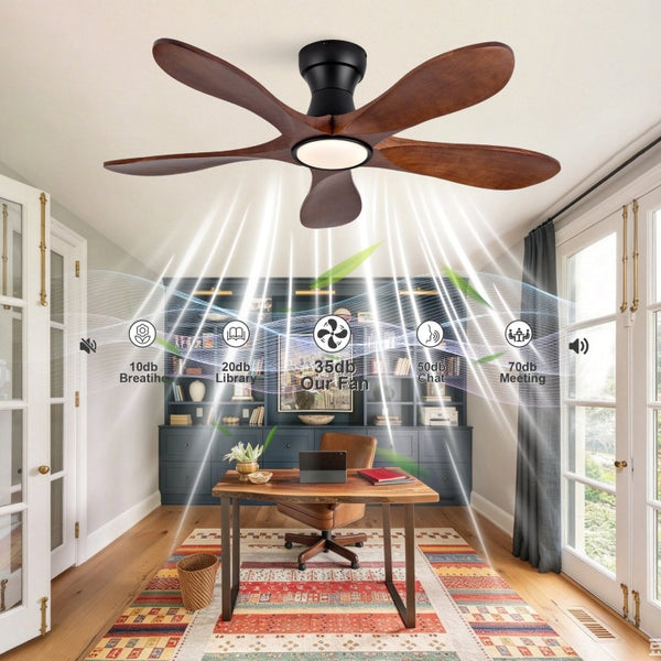 English Elm 42-Inch Flush Mount Ceiling Fan Walnut Wood Blades Matte Black Dimmable LED Remote W2991P531367