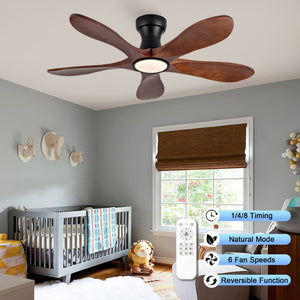 English Elm 42-Inch Flush Mount Ceiling Fan Walnut Wood Blades Matte Black Dimmable LED Remote W2991P531367