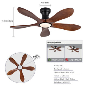 English Elm 42-Inch Flush Mount Ceiling Fan Walnut Wood Blades Matte Black Dimmable LED Remote W2991P531367