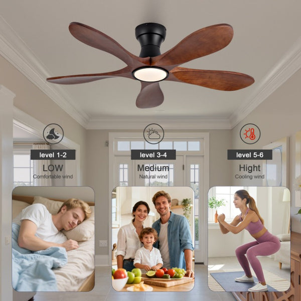 English Elm 42-Inch Flush Mount Ceiling Fan Walnut Wood Blades Matte Black Dimmable LED Remote W2991P531367