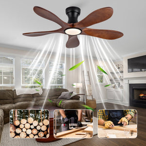 English Elm 42-Inch Flush Mount Ceiling Fan Walnut Wood Blades Matte Black Dimmable LED Remote W2991P531367