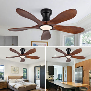 English Elm 42-Inch Flush Mount Ceiling Fan Walnut Wood Blades Matte Black Dimmable LED Remote W2991P531367