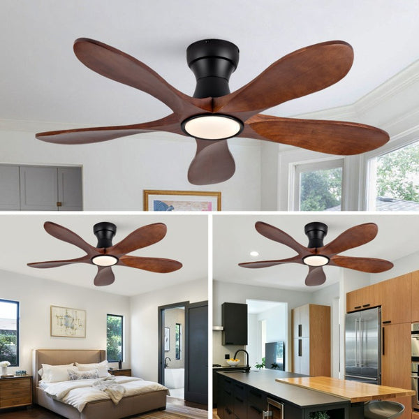 English Elm 42-Inch Flush Mount Ceiling Fan Walnut Wood Blades Matte Black Dimmable LED Remote W2991P531367
