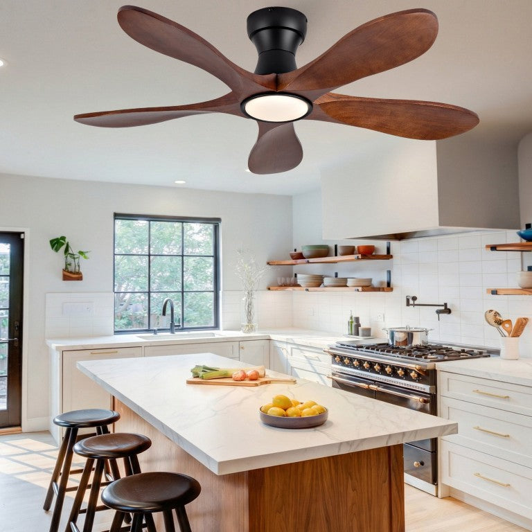 English Elm 42-Inch Flush Mount Ceiling Fan Walnut Wood Blades Matte Black Dimmable LED Remote W2991P531367