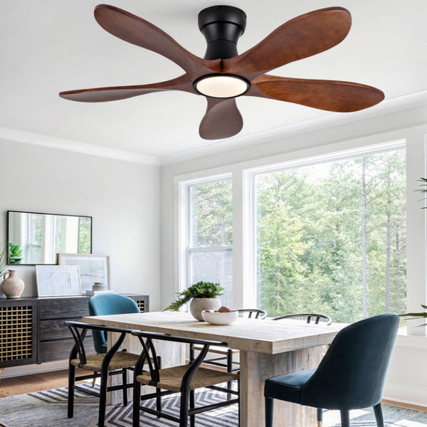 English Elm 42-Inch Flush Mount Ceiling Fan Walnut Wood Blades Matte Black Dimmable LED Remote W2991P531367