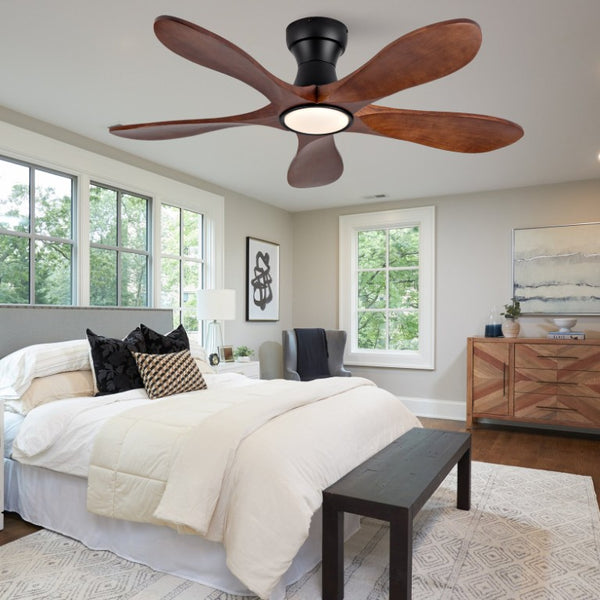 English Elm 42-Inch Flush Mount Ceiling Fan Walnut Wood Blades Matte Black Dimmable LED Remote W2991P531367