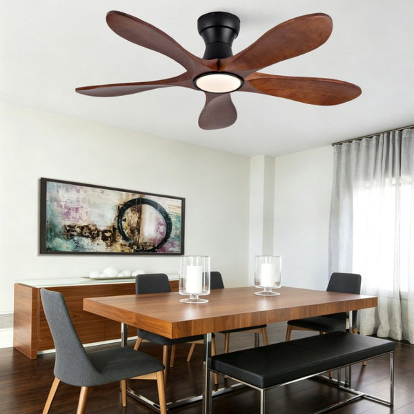 English Elm 42-Inch Flush Mount Ceiling Fan Walnut Wood Blades Matte Black Dimmable LED Remote W2991P531367