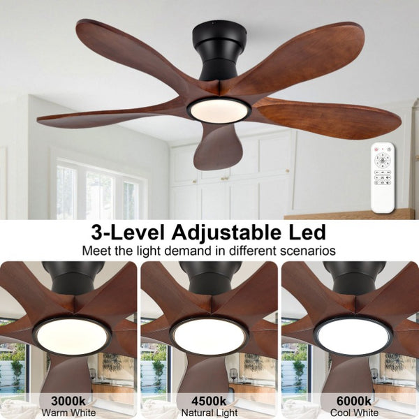 English Elm 42-Inch Flush Mount Ceiling Fan Walnut Wood Blades Matte Black Dimmable LED Remote W2991P531367