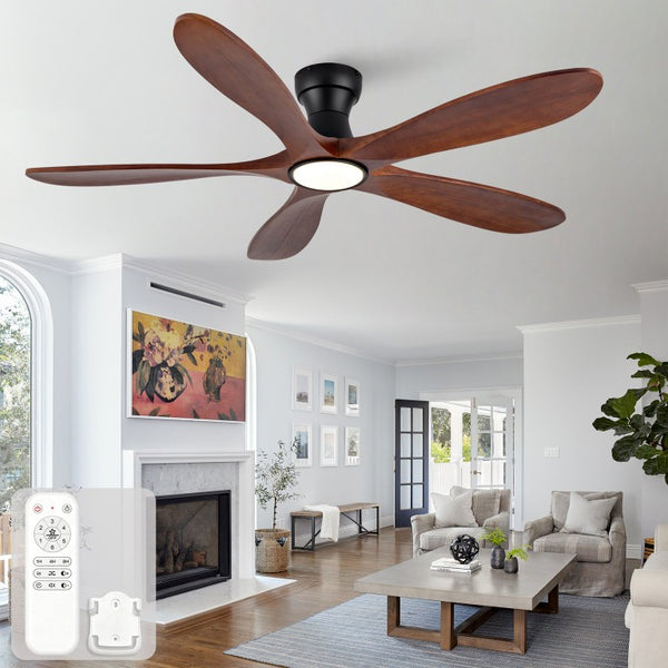 English Elm 52-Inch Flush Mount Ceiling Fan Walnut Wood Blades Matte Black DC Motor LED Remote W2991P531370