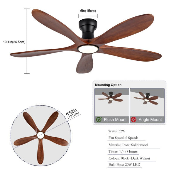 English Elm 52-Inch Flush Mount Ceiling Fan Walnut Wood Blades Matte Black DC Motor LED Remote W2991P531370