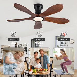 English Elm 52-Inch Flush Mount Ceiling Fan Walnut Wood Blades Matte Black DC Motor LED Remote W2991P531370