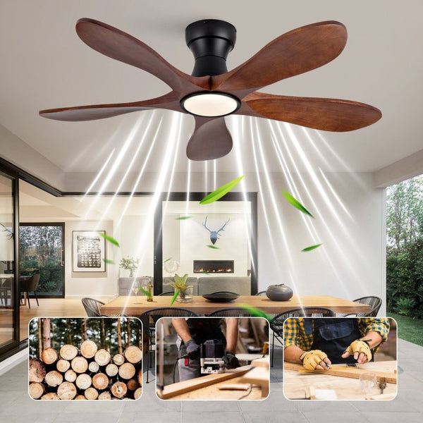 English Elm 52-Inch Flush Mount Ceiling Fan Walnut Wood Blades Matte Black DC Motor LED Remote W2991P531370