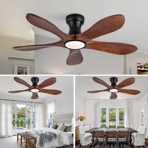 English Elm 52-Inch Flush Mount Ceiling Fan Walnut Wood Blades Matte Black DC Motor LED Remote W2991P531370