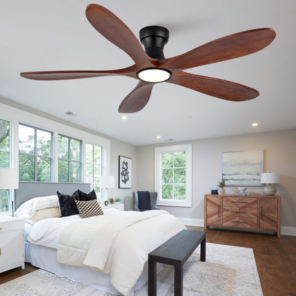 English Elm 52-Inch Flush Mount Ceiling Fan Walnut Wood Blades Matte Black DC Motor LED Remote W2991P531370