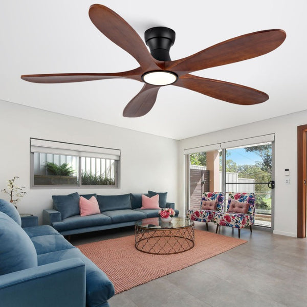 English Elm 52-Inch Flush Mount Ceiling Fan Walnut Wood Blades Matte Black DC Motor LED Remote W2991P531370