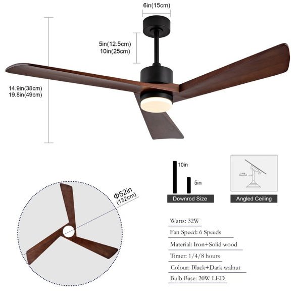 English Elm 52 Inch Matte Black Ceiling Fan Walnut Wood Blades Quiet DC Motor Dimmable LED W2991P531991