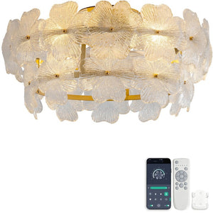 English Elm 19-Inch Floral Glass Flush Mount Ceiling Fan with Gold Hardware for Romantic Bedrooms W2991P532745