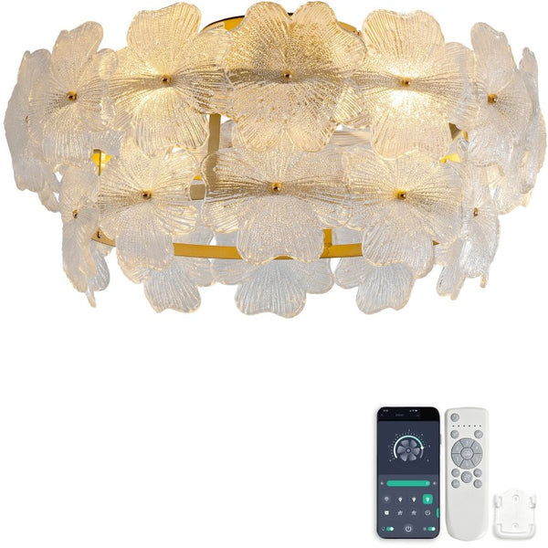 English Elm 19-Inch Floral Glass Flush Mount Ceiling Fan with Gold Hardware for Romantic Bedrooms W2991P532745